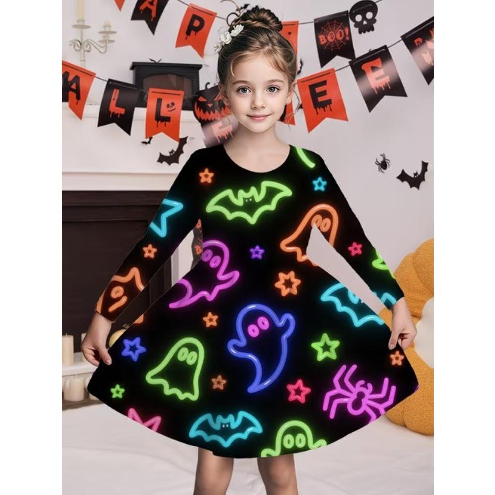 Mädchen Lässiges 3D Halloween Print Rundhals Langarm Kleid Kinder Prinzessinnenkleid