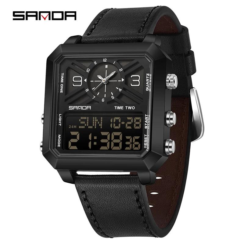 Sanda Brand Business Sports Square Dual Display Men's Quartz Waterproof Led Analog Digital Countdown Electronic Male Watch