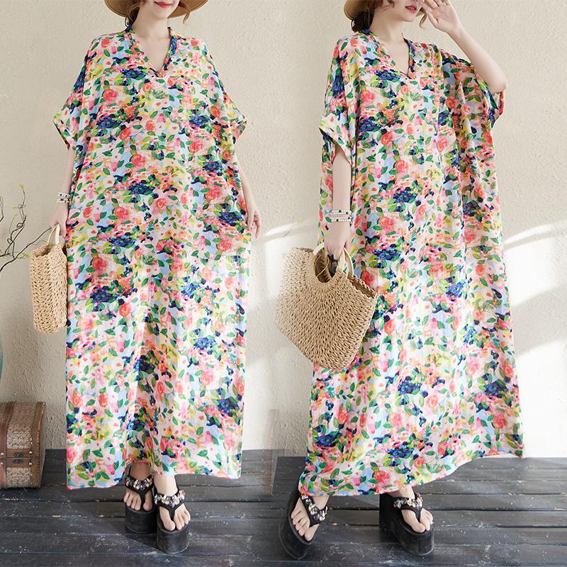 Dimanaf 2025 Women Plus Size Summer Dress Floral Casual Vintage Dress Basic V-Neck Loose Linen Long Dress Maxi