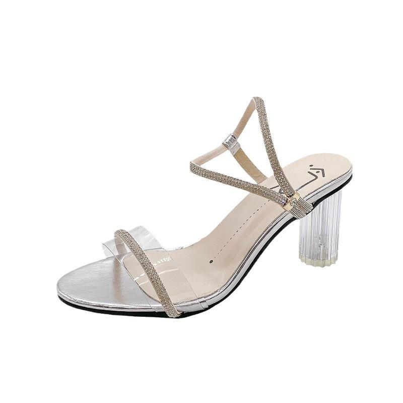 Fashion Sandals 2025 Summer Korean Version Fashion New Fish Mouth Rhinestone Transparent Thick High Heel One Word Buckle Sandals