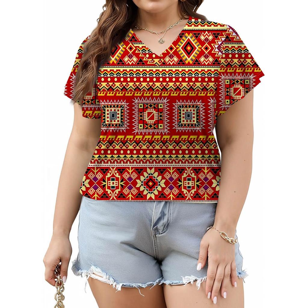 Damenmode Lässig Bedrucktes V-Ausschnitt Kurzarm Oversized T-Shirt Top