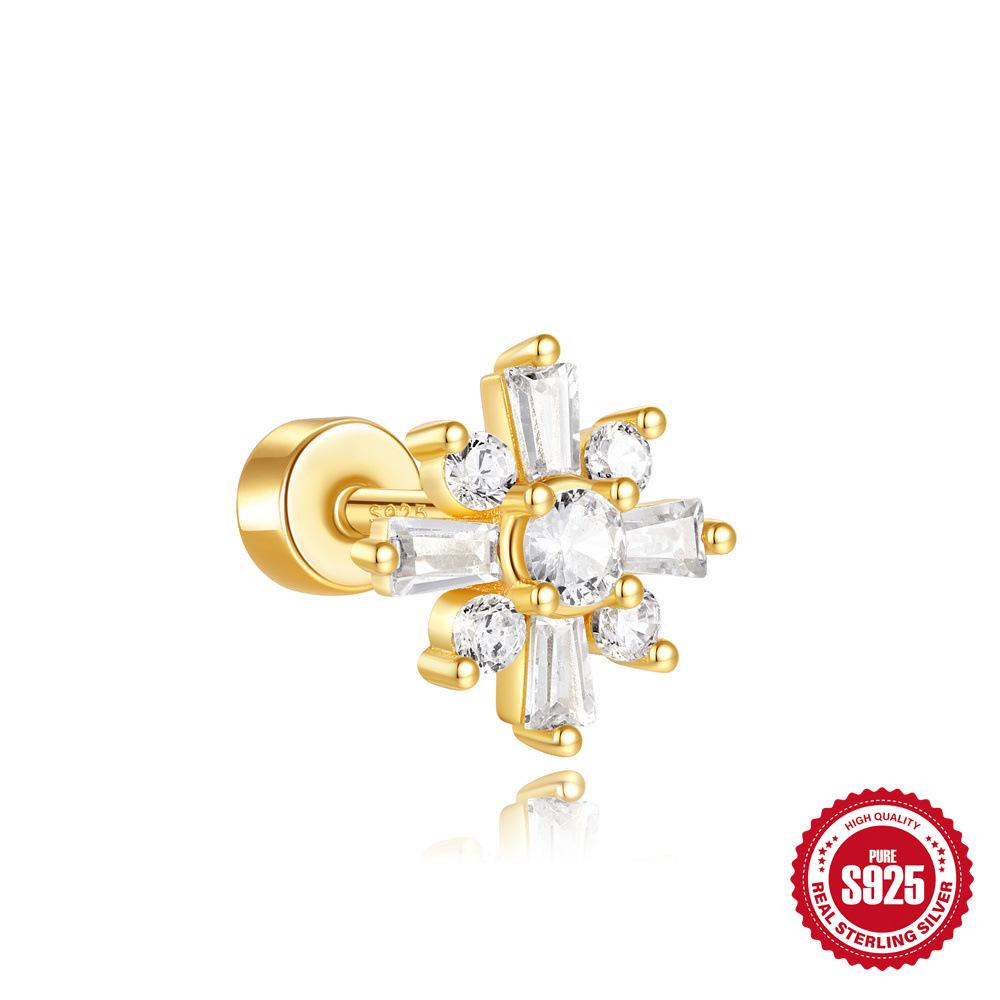 S925 Sterling Silver Daily Versatile Geometric Diamond-Set Cartilage Spiral Thick Bottom Flat Head Piercing Earrings Earrings Women