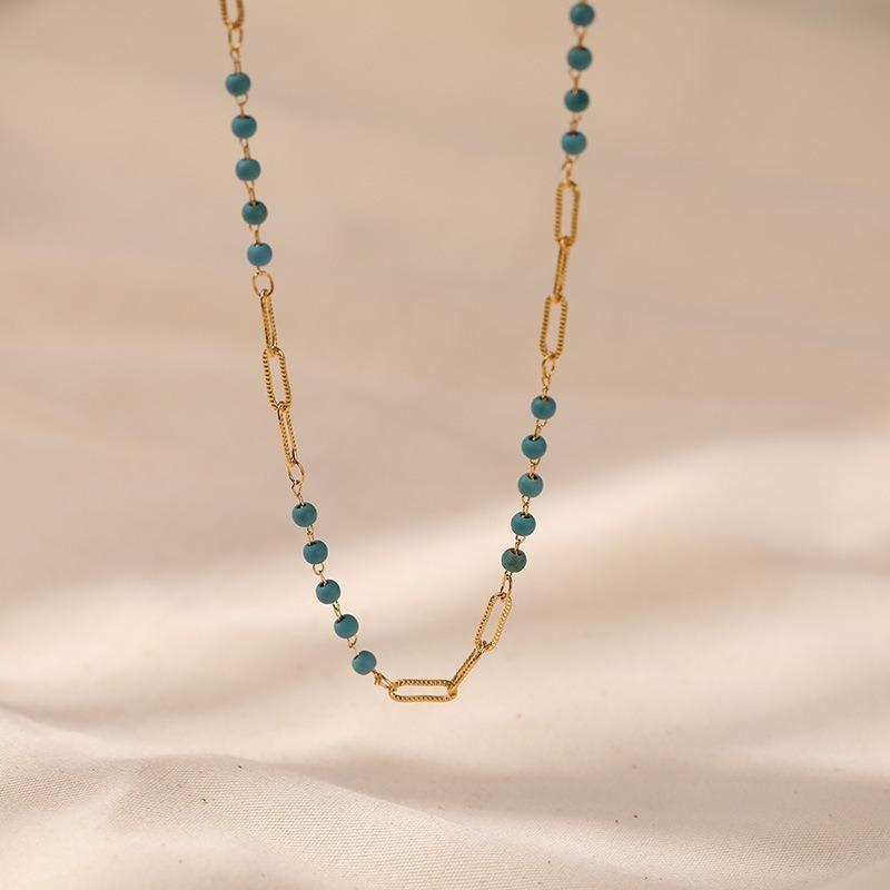 K Gold Plated Brass Spliced Chain Synthetic Turquoise Clavicle Necklace