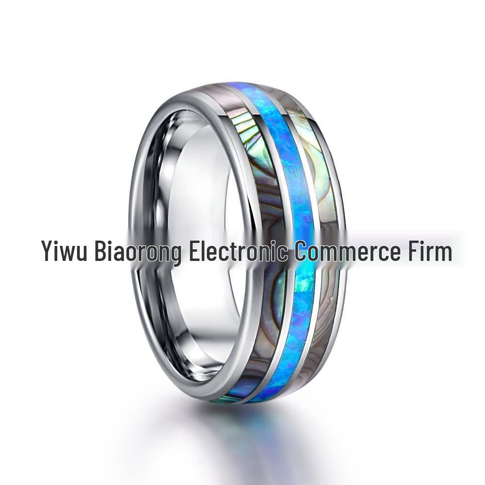 8mm Wide Men's Tungsten Steel Ring with Polished Dome and Three-Groove Inlaid Opal & Abalone Shell