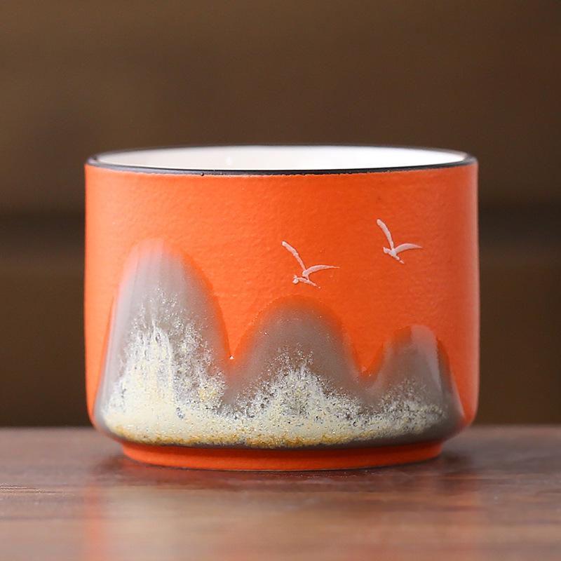 Hand-Painted Distant Mountains Ceramic Tea Tasting Cup Set - Large, Medium, Small with Handle and Gift Box