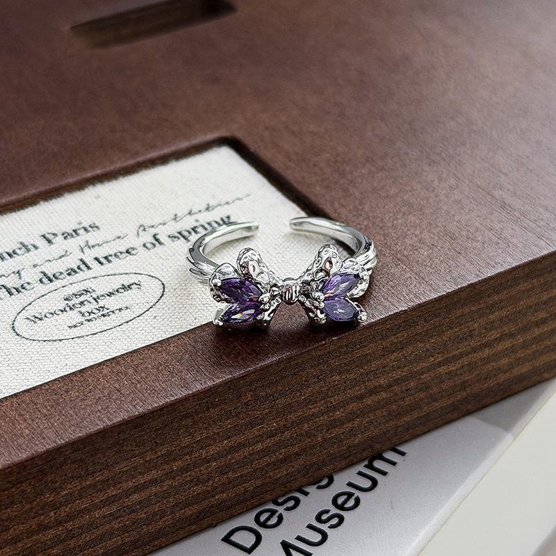 Sweet And Cool Girl'S Heart Bow, Purple Zircon Diamond-Set Open Ring, Light Luxury Niche High-End Sense Stacked Index Finger Ring