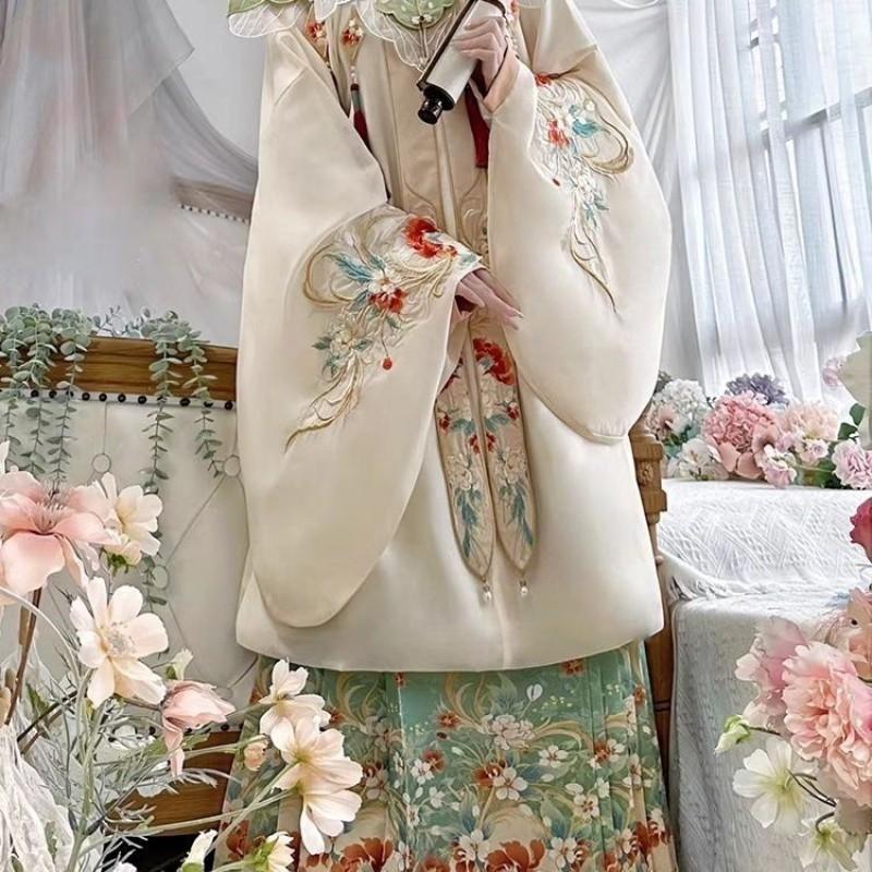 Ming Dynasty Style Hanfu Set Women With Embroidered Cloud Shoulder Wide Sleeve Top Horse Face Skirt
