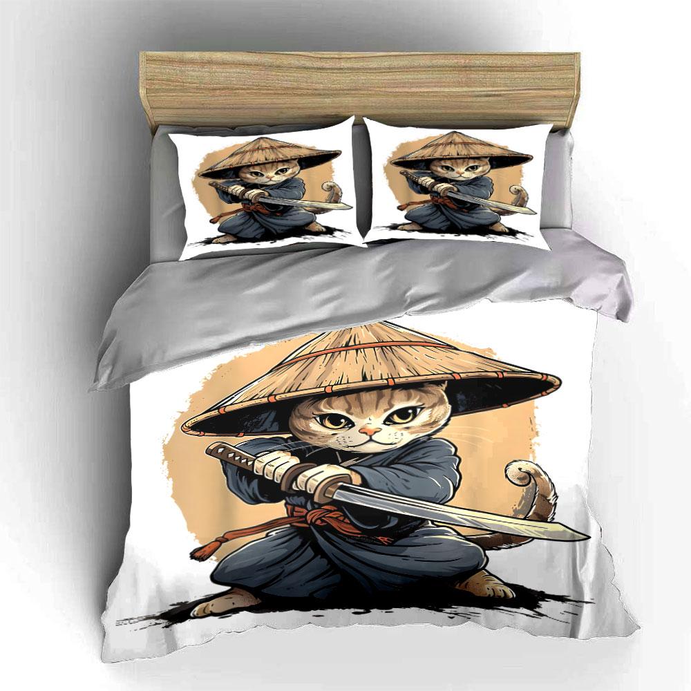 Cat wearing samurai attire. Bedding sets Duvet cover sets Duvet covers Pillowcases(1*Duvet Cover 2*Pillowcases without duvet insert)