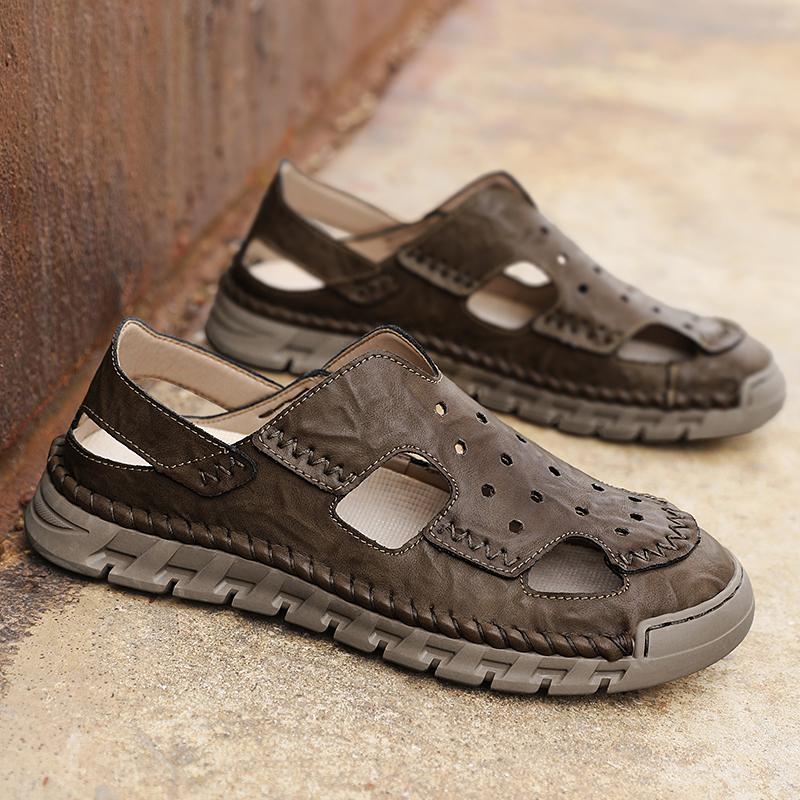 Pánské kožené sandály odolné, ručně vyráběné boty se šitím, neklouzavé boty s uzavřenou špičkou pro vnitřní venkovní pláž