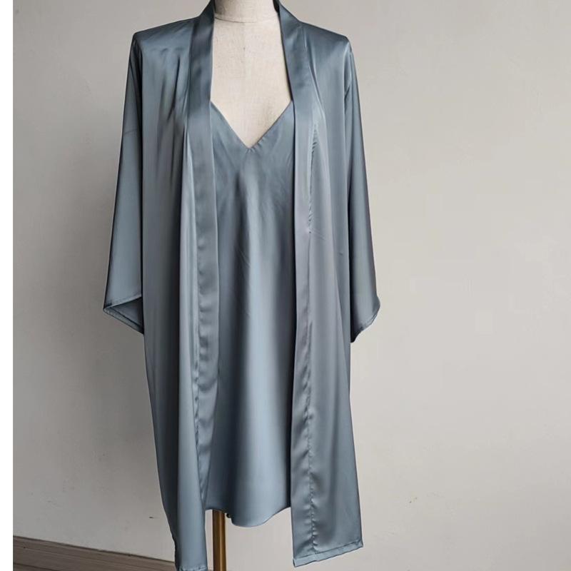Single nightgown women's imitation silk cardigan spring and autumn new loungewear summer ice silk pajamas sexy kimono morning gown
