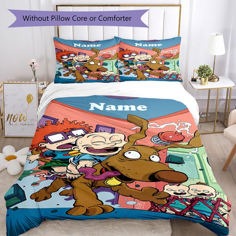 3ks Personalizovaný set povlečení Rugrats s vlastním jménem Uzavírání na zip Zahrnuje 1 povlak na přikrývku & 2 povlaky na polštář, Měkký a pohodlný pro všechna roční období.