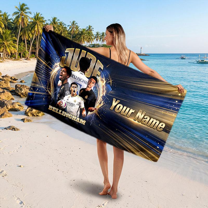 Jude Bellingham Custom Beach Towel, Personalized Name Text Print, Football Logo Soft Quick‑Dry Towel Holiday Gift