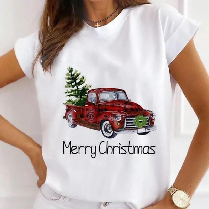 Festival Christmas Printed Short Sleeved Casual Womens Tshirt Crewneck Tops Kawaii Fashion Women TShirt Clothes Harajuku
