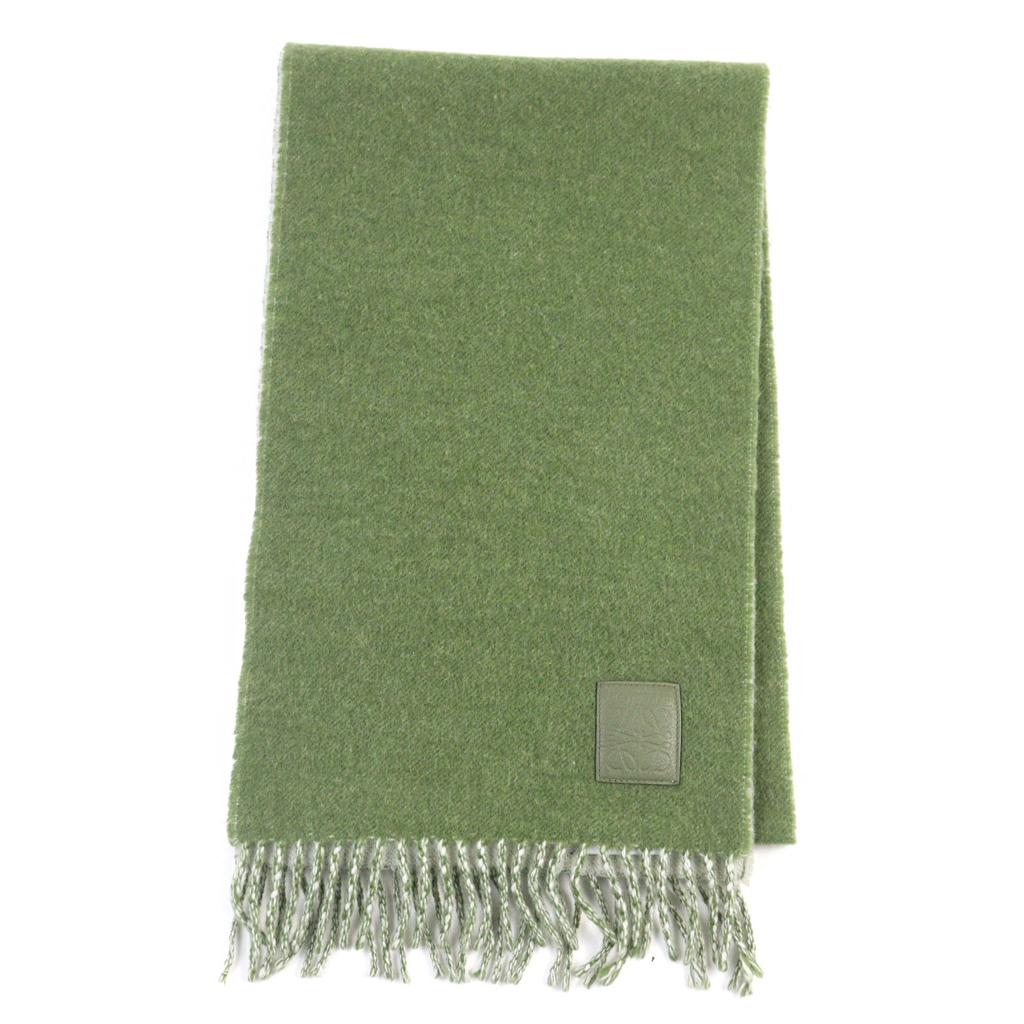 Great LOEWE Scarf Reversible Anagram logo leather patch Khaki Green Beige Gray wool Used