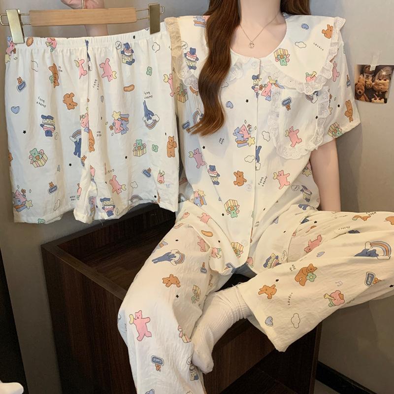 Japanese Doll Collar Cloud Cotton Pajamas Women'S Summer Cartoon Small Fresh Short-Sleeved Loungewear Three-Piece Set