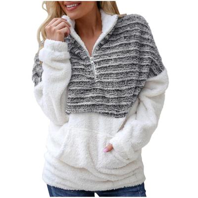 (SU)Women's Fashion Plush Zipper Long Sleeve Stitching Warm Sweater Pullover Autumn Winter