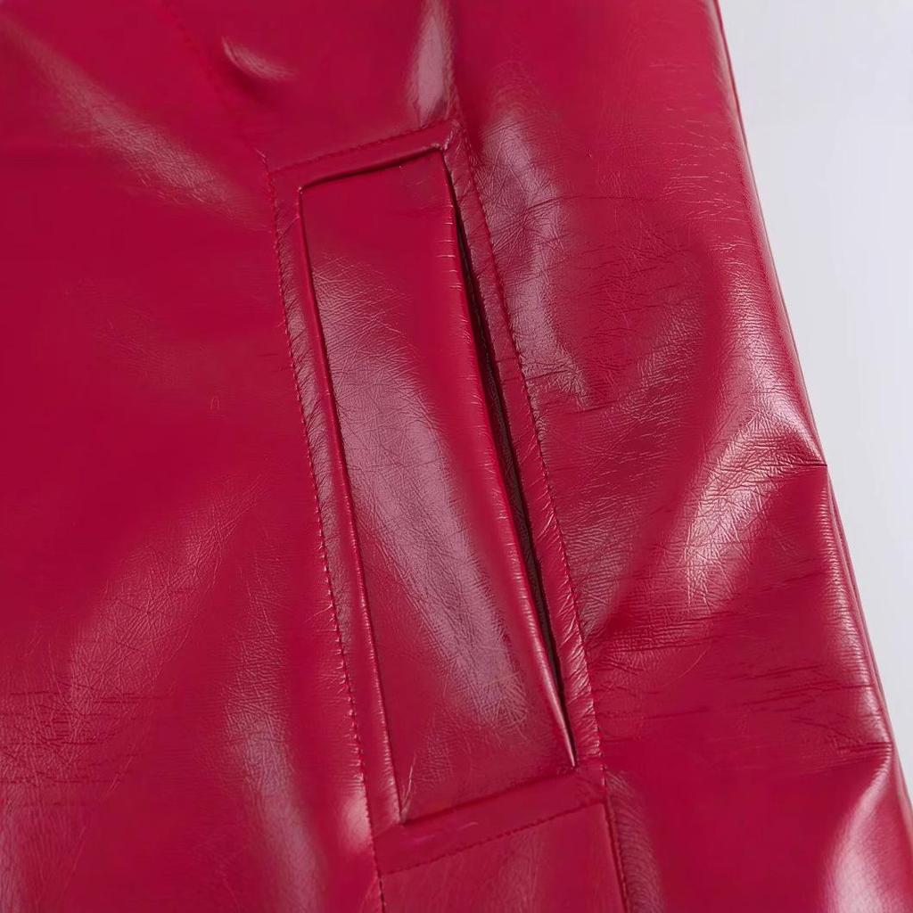 2025 Spring Women's Red Glossy Leather Lapel Jacket – European & American Style