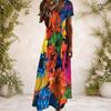 Women Plus Size V Neck Short Sleeve Colorful Floral Printed Straight Long Dress