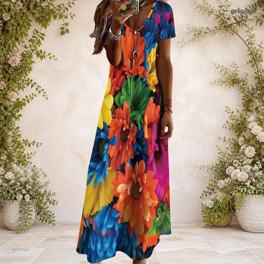 Women Plus Size V Neck Short Sleeve Colorful Floral Printed Straight Long Dress