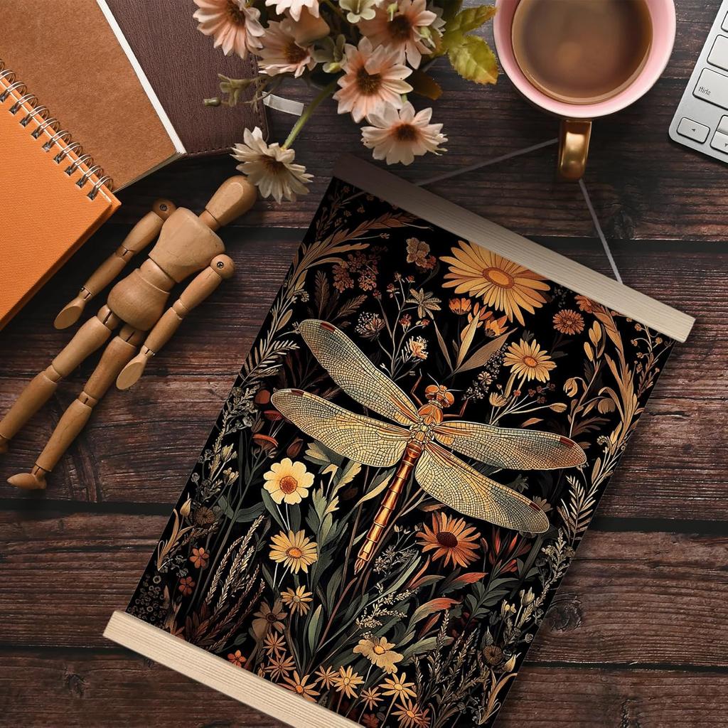 FITIE Vintage Moody Floral Dragonfly Canvas Wall Art Poster, Retro William Morris pired Cottagecore Flower Botanical Dragonfly Wall Decor Prints for