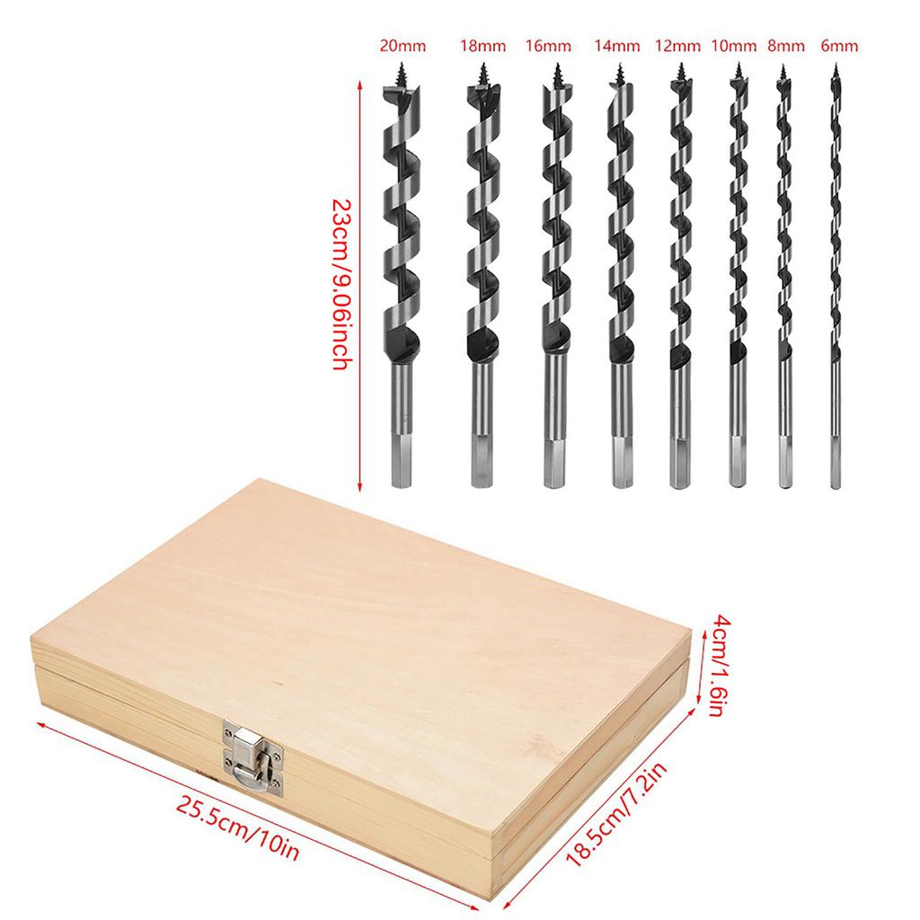 8pc Carbon Steel Auger Bit Set Wooden Case Machined Hex Shank Drill