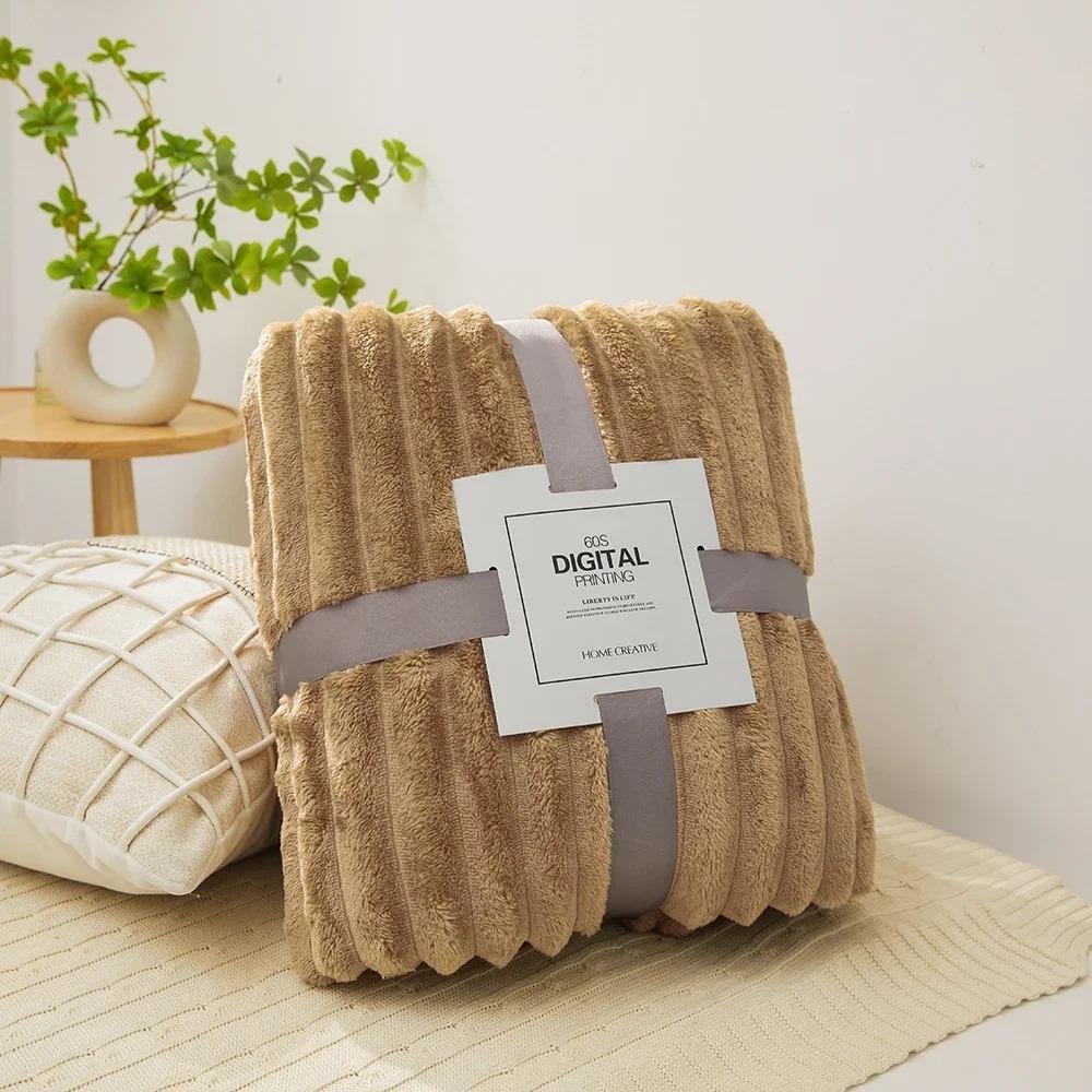 Wide Ribbed Flannel Fleece Blanket 300Gsm Ultra Soft Plush Throw Blanket Microfiber Cozy Warm Blanket For Couch Bed Sofa Travel