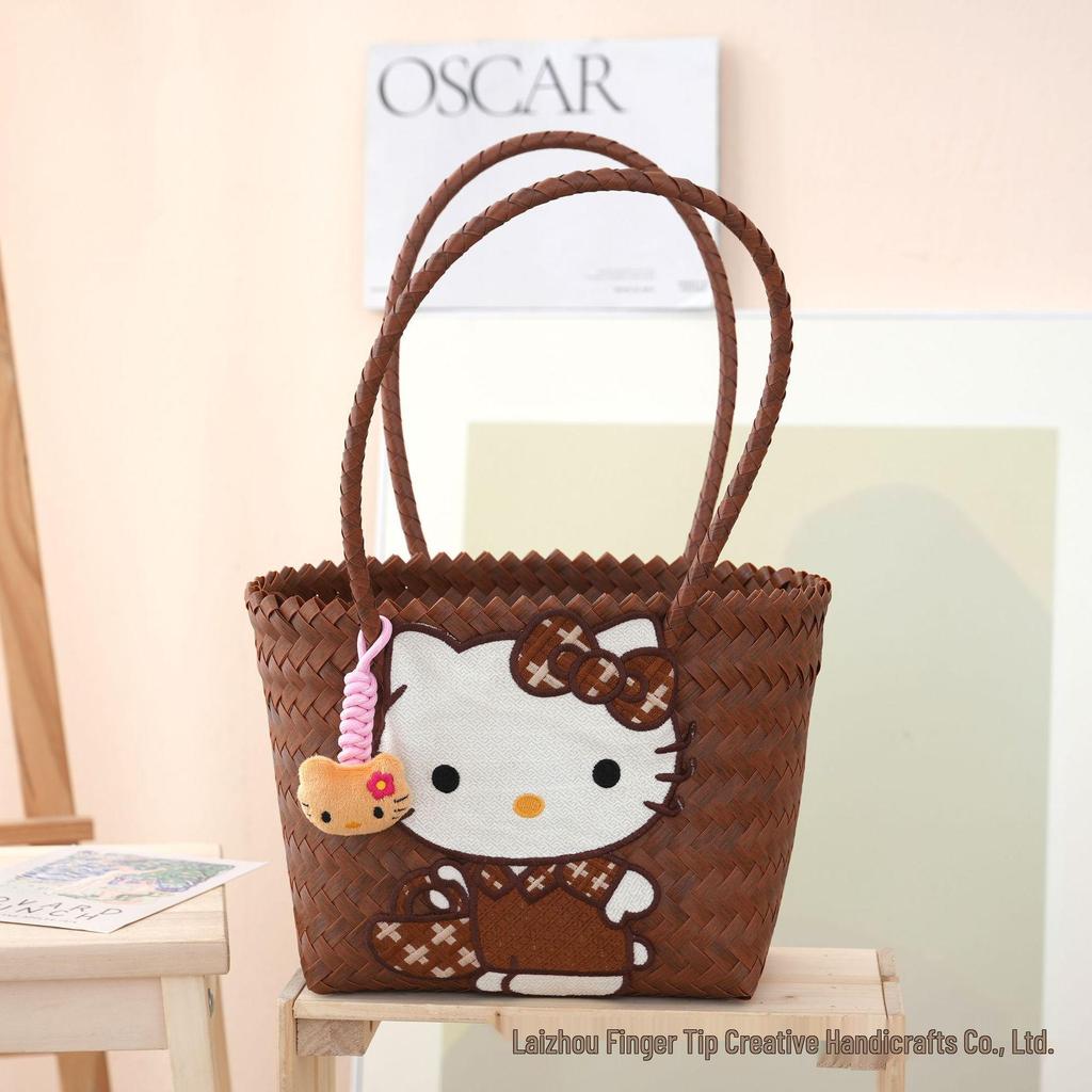 Cartoon Kitty Hand-Knitted Hello Kitty Large Capacity Women's Shoulder Travel Bag