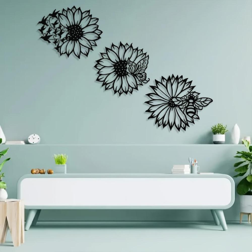 Modern Black Wrought Iron Sunflower Wall Art, Hummingbird Butterfly Bee Metal Sculpture for Living Room Bedroom Bathroom Office Decor