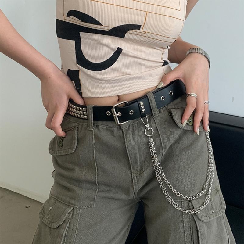 Pin Buckle Waist Belt for Dress Western Style Belt with Alloy Rivet & Dangle Chain Wide Waist Belt Ladies Skirt Belt