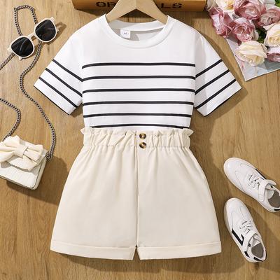 Girls' Fashion Suit Summer Children's Casual Striped Short-sleeved Top Sweet Bud Shorts Two-piece Suit