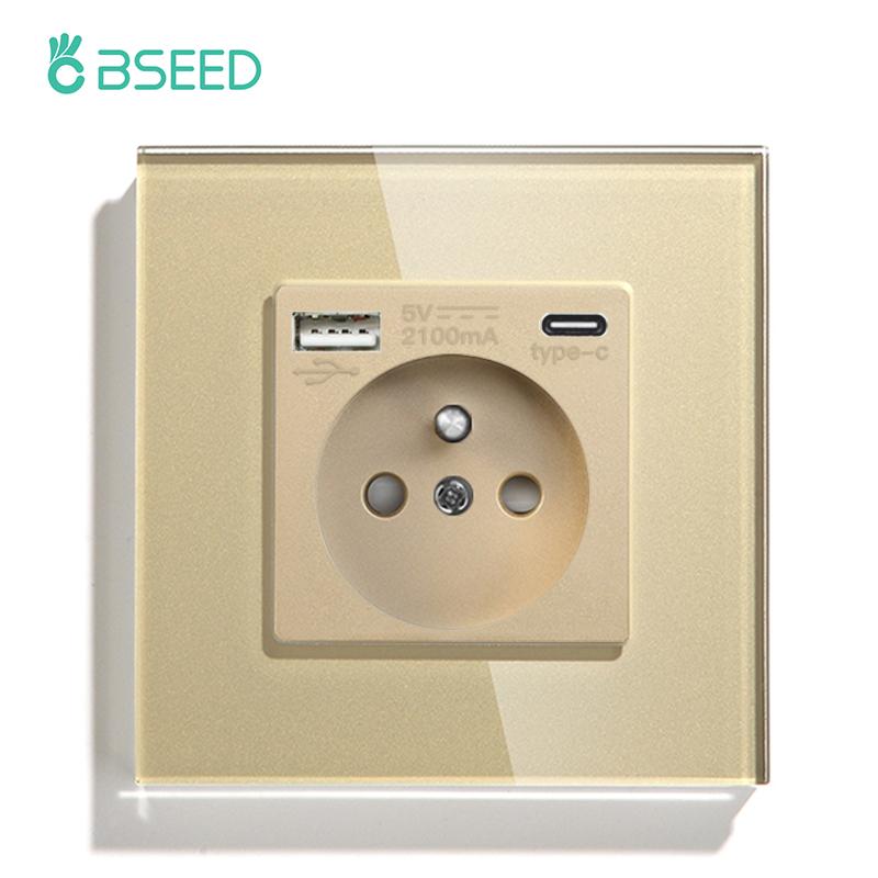 BSEED Single French Wall Socket Double Power Sockets Triple Electric Sockets With Type-c Double USB Charing Ports  Glass Frame