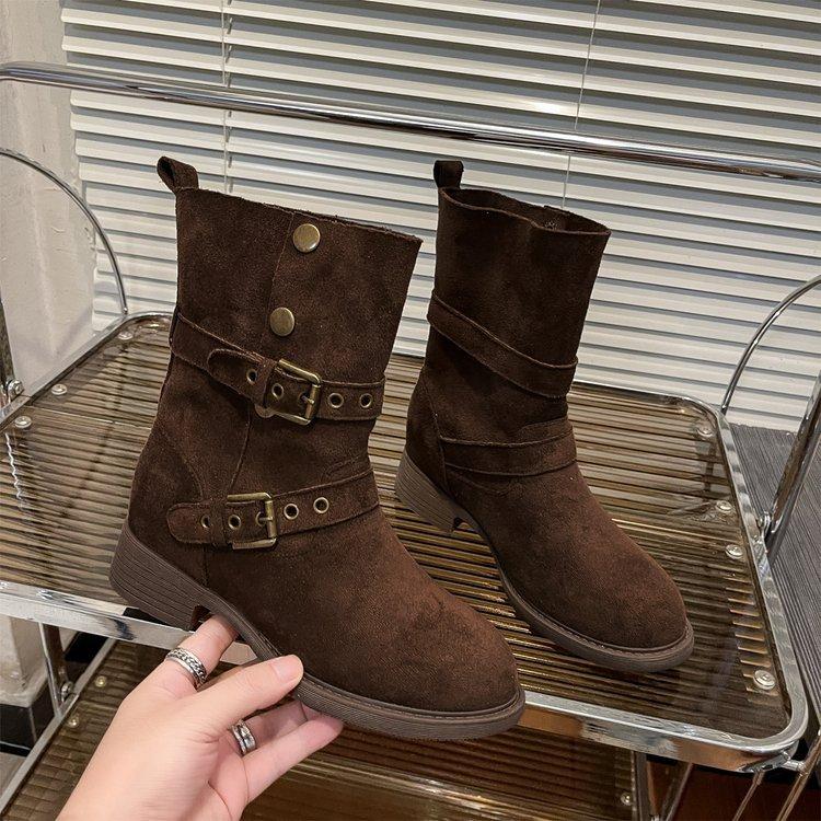 Cowhide Version! Seoul Flanged Boots~ 6cm Inner Height Increase Buckle Thick Heel Desert Boots Outdoor Short Boots Women's Western Boots