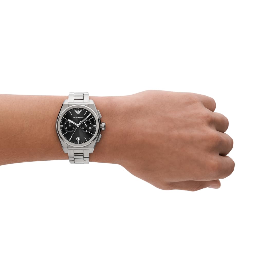 Emporio Armani Men's Chronograph Movement Stainless Steel Watch, 43mm Case, Silver, Modern Design