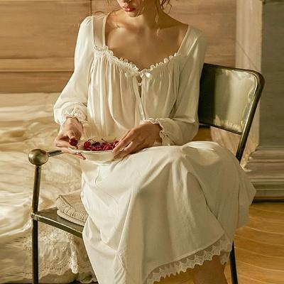 Rochie de prințesă cu guler pătrat pentru femei Cămăși de dormit cu mânecă lungă Cămașă de noapte din bumbac, cu șargări, cămașă de noapte.