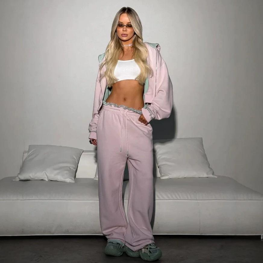 2026 new cross-border casual women's suit features color matching rough edge long-sleeved jacket lace-up trousers two-piece set