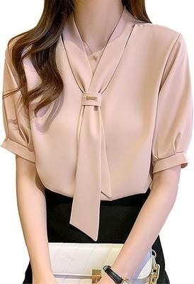 Chiffon Short Sleeve Puff Body Dress Going Autumn [ZXCVWWE] Shirt, Women's Blouse, Top, V-Neck Ribbon, Sleeve, Plain, Elegant, Covering, Stylish,