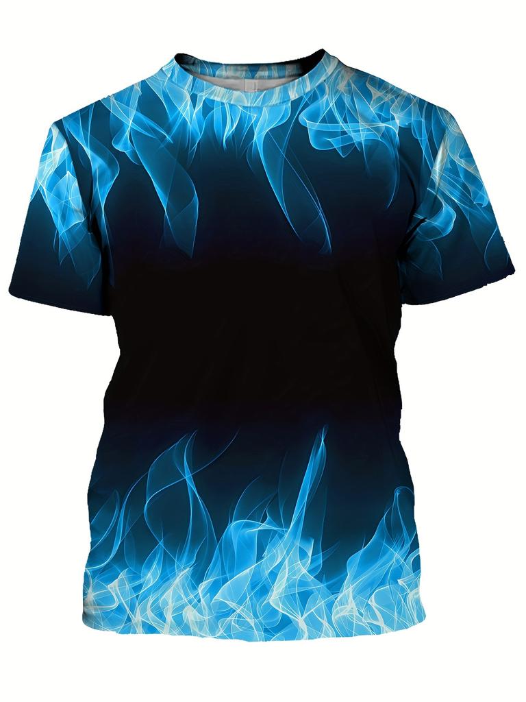 One Summer Essential 3D Blue Flame Printed T-Shirt Vibrant Graphic Tee Daily Wear Casual for Outdoor Activities Summer Vacations