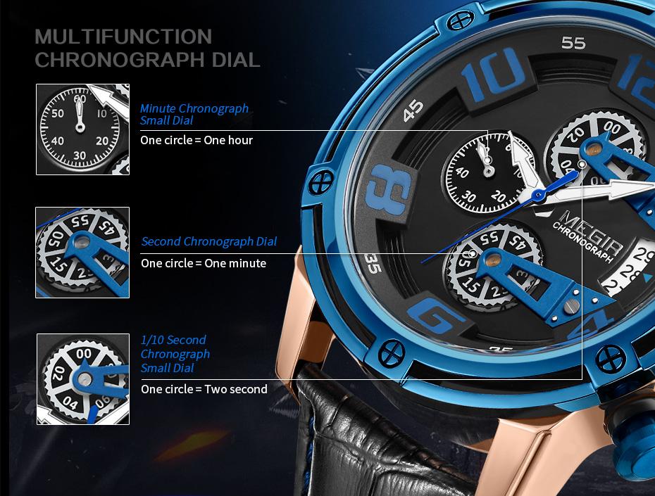 Megir Ceas Cronograf Sport Bărbați Curea Piele Ceasuri Cuarț Creative Ceas Bărbați Ceas de Mână Militar