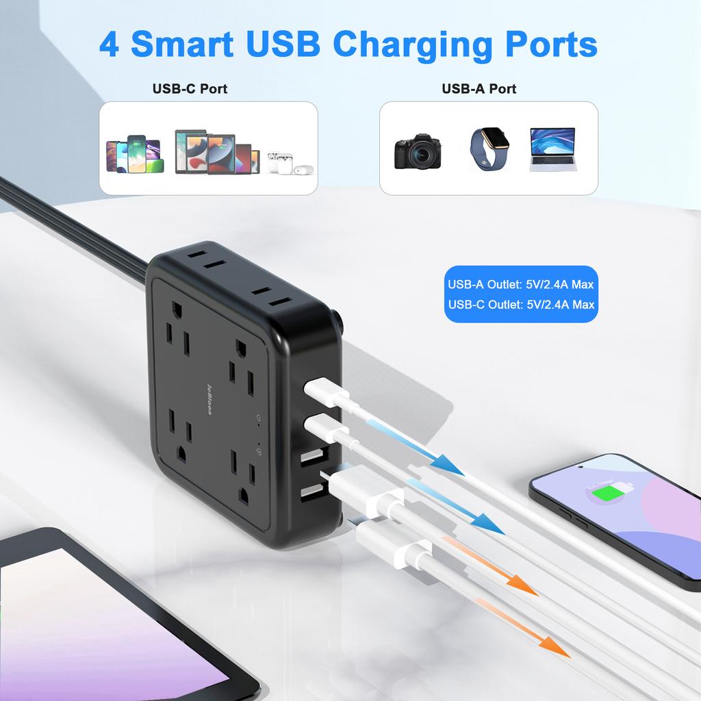 US-Steckdosenleiste, Überspannungsschutz, ultradünner, flacher Stecker mit 8 weit auseinander liegenden Steckdosen, 4 USB-Anschlüssen(2 USB-C-Ladegerät), 5 Fuß Verlängerungskabel