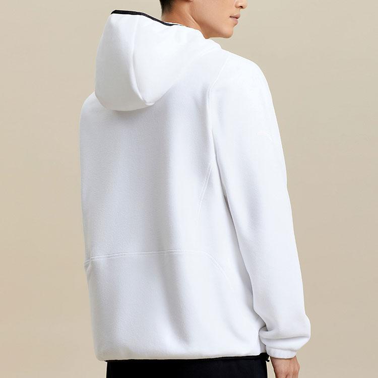 Anta Comprehensive Training Series Letter Color Block Zipper Hooded Fleece Thick Jacket Men Jackets Pure-White 952347702-1