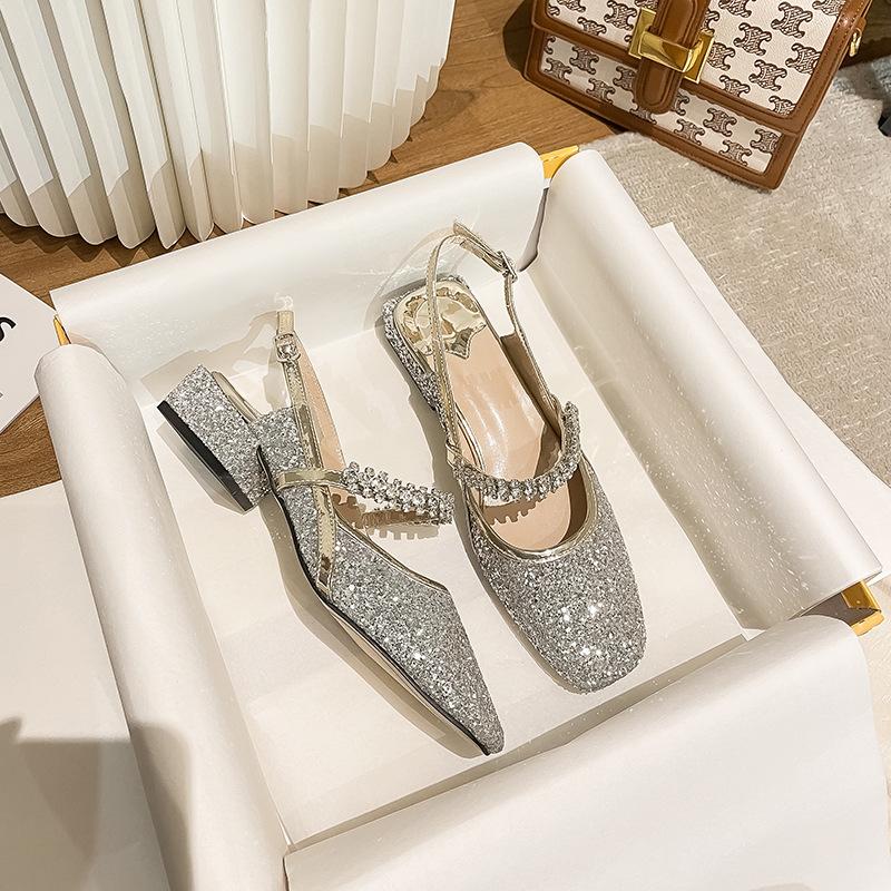 Qiangshengda 2025 square head microfiber leather rhinestone rear empty thick heel sandals women Mary Jane low heel comfortable