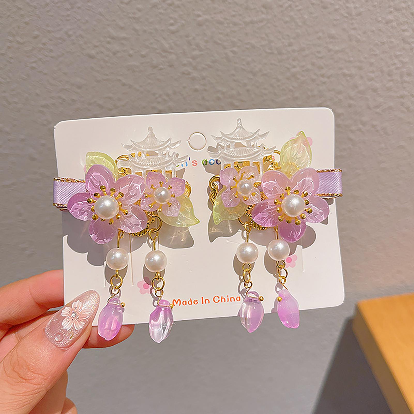 2PCS Ancient Hair Clips Fairy Flower Hairpin Chinese Style Hanfu Hair Accessories For Girls Tassel Barrettes Hair Jewelry