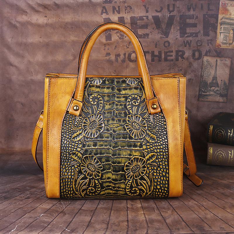 Johnature Retro Genuine Leather Handmade Women Bag First Layer Cowhide Large Capacity Handbag Embossed Shoulder Bags