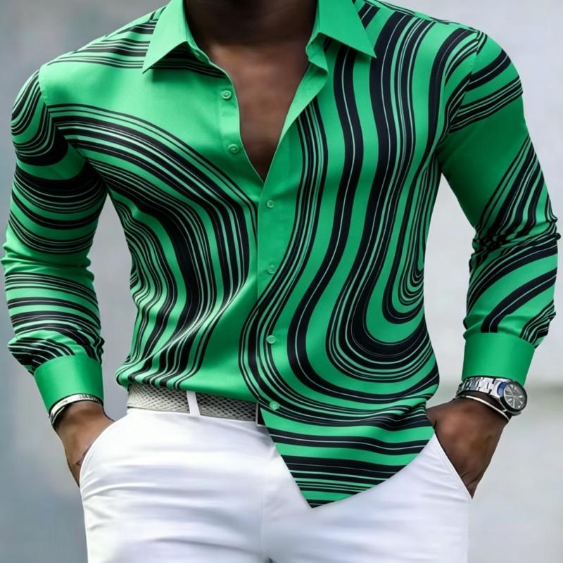 European American Trendy Men Abstract Swirl Stripe Printed Long Sleeve Shirts Spring Autumn Soft Stretch Silky Fabric Lapel Butt