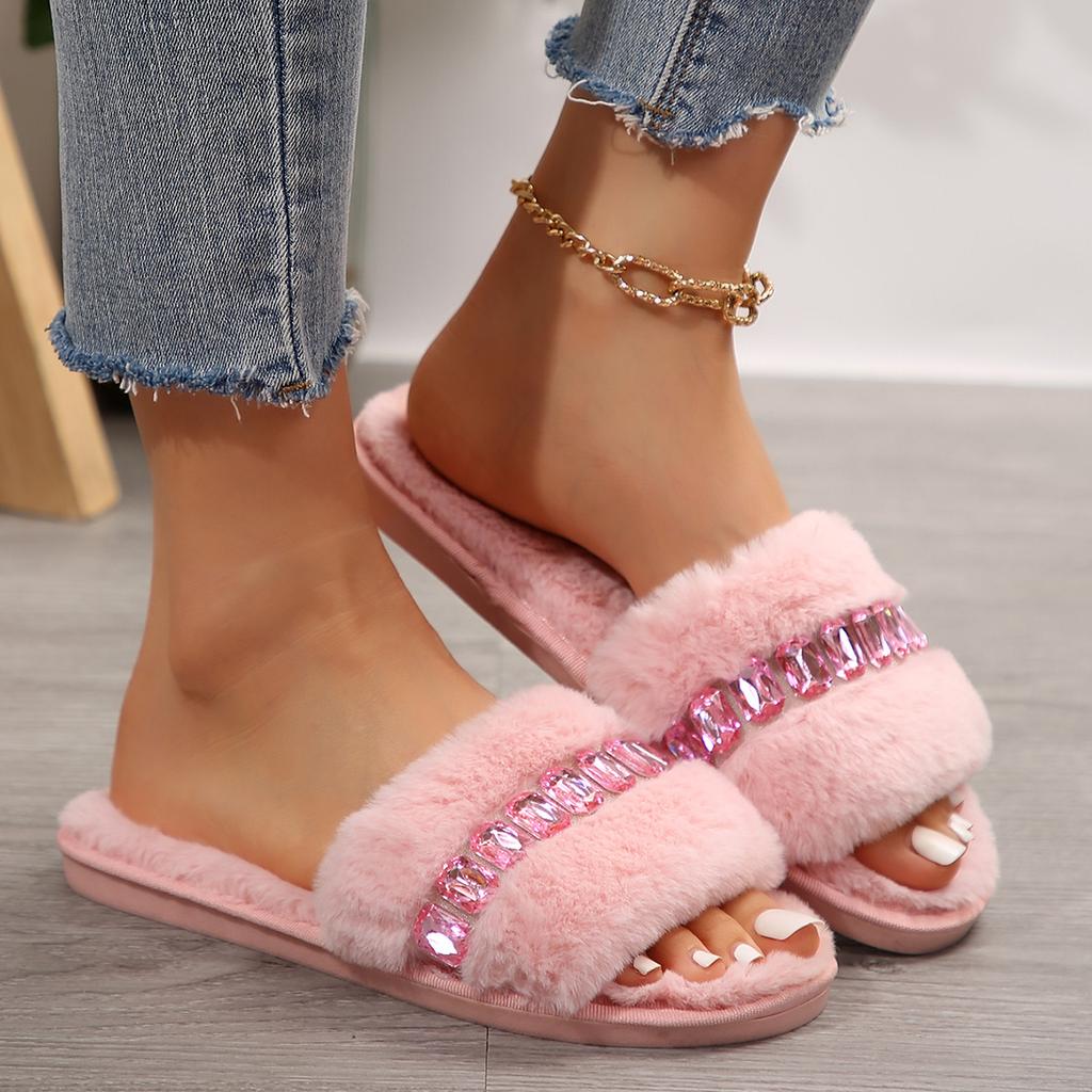Women Slippers Winter Rhinestone Luxury Designer Slippers Women Cozy Furry Slippers Soft Plush Home Indoor Shoes Slides Women