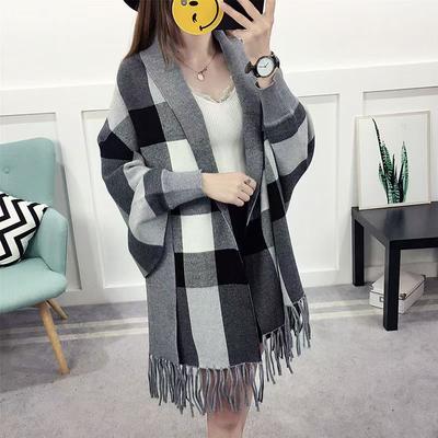 Damski sweter dzianinowy w kratę z frędzlami, gruby szal, kardigany na jesienne i zimowe stylizacje