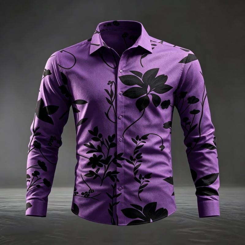 Herren Floral Leaf Print Langarmhemd Mode Slim Fit Button-Down Lässige Blusen Tops