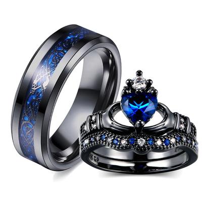 Anello di Coppia Charm Anello Drago Celtico in Acciaio Inossidabile da Uomo Set di Anelli da Donna con Zircone Blu San Valentino Fedina Nuziale Gioielli