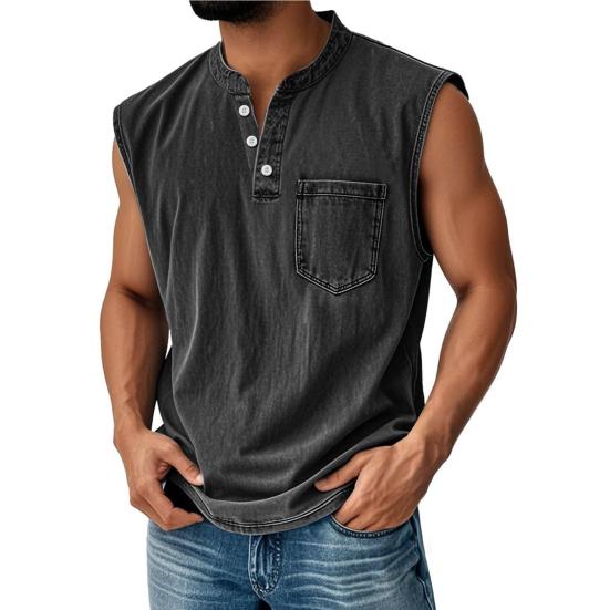 Men s Sleeveless Shirts Shirts Casual Pocket Top V Neck Breathable Summer Lightweight Button S чёрный