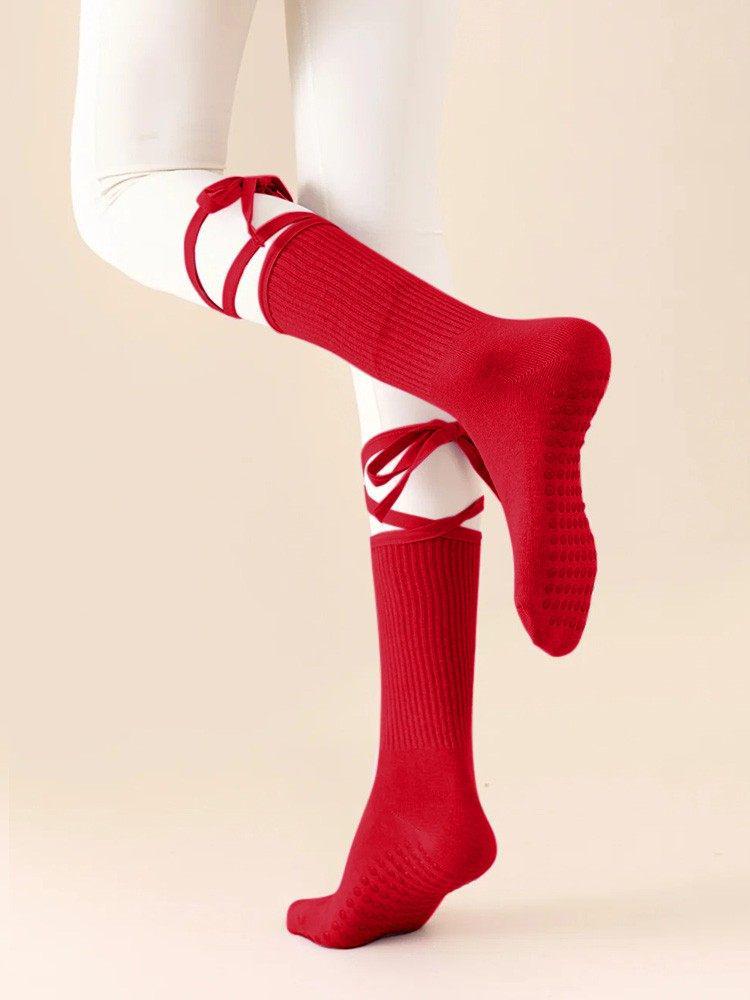 

2025 Red Non-Slip Lace-Up Silicone Yoga Socks for Women - Pilates Mid-Calf Style One Size